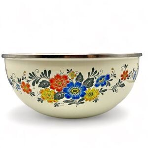 Vintage Kobe Kitchen DECOR Floral Design Metal Rim Enamelware Bowl